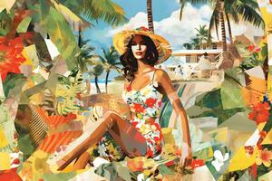 een vrouw in een bloemen jurk zittend Aan een strand met palm bomen. generatief ai foto