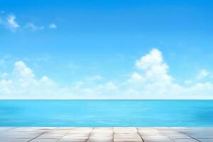 een leeg houten verdieping met een blauw lucht en oceaan. generatief ai foto