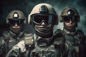 drie soldaten in leger uitrusting met stofbril. generatief ai foto