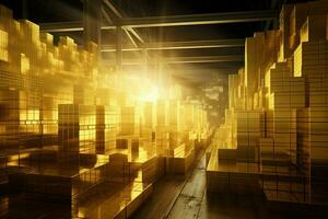 goud bars gestapeld in een magazijn met licht schijnend door. generatief ai foto