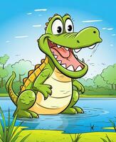 tekenfilm krokodil in de water. generatief ai foto