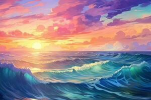 een schilderij van de oceaan met kleurrijk wolken en zon. generatief ai foto