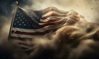 Verenigde Staten van Amerika vlag vuil rook filmische golvend oorlog concept generatief ai foto