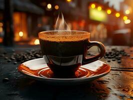 dramatisch zwart koffie plons kop glas Aan de tafel koffie Boon generatief ai foto