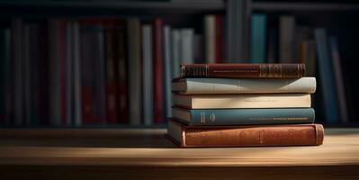 stapel van boeken Aan de tafel kopiëren ruimte ai generatief foto