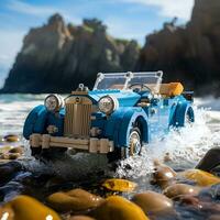 beroemd speelgoed- auto Aan de strand met klein rotsen, generatief ai foto