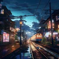 trein station visie met Japans stijl animatie, generatief ai foto