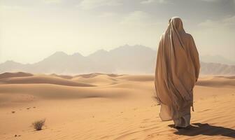 Mens vervelend Arabisch abaya in woestijn met uitzicht nederzetting, ai generatief foto