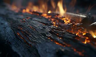 dichtbij omhoog focus van brandend hout sintels, ai generatief foto