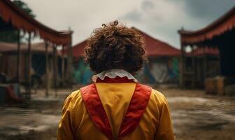 een clown met uitzicht een eenzaam amusement park met een somber atmosfeer, ai generatief foto