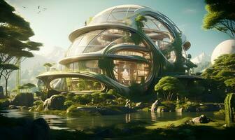 futuristische modern gebouw dat mengsels met natuur, ai generatief foto