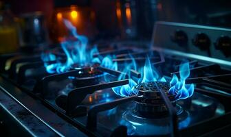 gas- fornuis brandend met blauw en geel vlammen, ai generatief foto