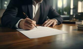 de hoofd regisseur is ondertekening een contract papier met een pen Aan de kantoor tafel, ai generatief foto