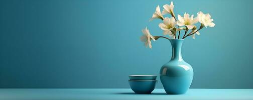 bloem vaas dat mengsels met een pastel blauw achtergrond minimalistische kopiëren ruimte, ai generatief foto