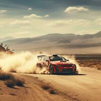rally auto Aan stoffig woestijn weg, ai generatief foto