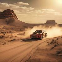 rally auto Aan stoffig woestijn weg, ai generatief foto