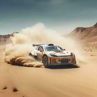 rally auto Aan stoffig woestijn weg, ai generatief foto