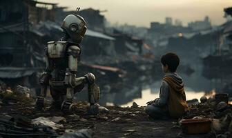 jongen interageert met robot in sloppenwijk, generatief ai foto