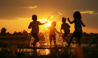 silhouet van kinderen spelen Bij zonsondergang, ai generatief foto
