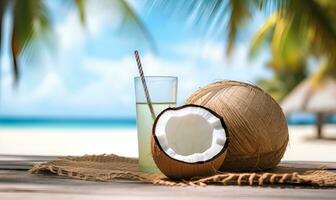 kokosnoot drinken Aan een strand tafel, ai generatief foto