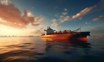 olie tanker in de midden- van de zee Bij zonsondergang, ai generatief foto