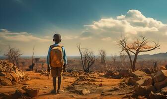 arm Afrikaanse school- kind Bij dor land, ai generatief foto