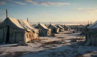 vluchteling tenten in winter, ai generatief foto