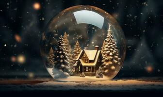 sneeuwval huis en boom binnen glas bal, ai generatief foto