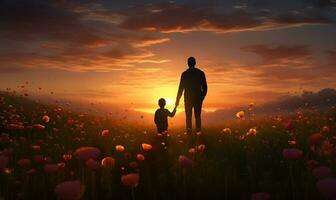 vader en zoon silhouet in bloem veld- Bij zonsondergang, ai generatief foto