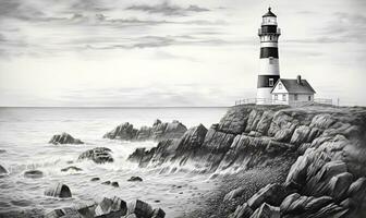 potlood tekening van rotsachtig kust en vuurtoren, ai generatief foto