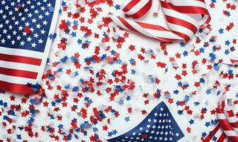 Amerikaans vlag en confetti wit achtergrond blanco ruimte, ai generatief foto