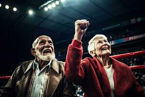 gelukkig senior paar uitgeput , juich Aan uw favoriete boksen fans, Bij de boksen stadion. gemaakt met generatief ai. foto