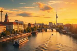 berlijn horizon Spree rivier- Bij zonsondergang, Duitsland ,generatief ai foto