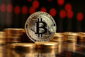 bitcoin is een goud munt en een onscherp grafiek achtergrond. generatief ai . foto