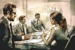zakenvrouw uitleggen collega's gedurende vergadering in kantoor ,generatief ai. foto