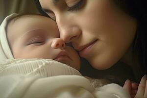 dichtbij omhoog gezicht vrouw met pasgeboren baby , kleur wit ,generatief ai . foto