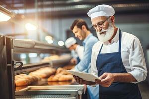 senior fabriek arbeider aan het doen productie kwaliteit inspectie in voedsel industrie Holding klembord staand door transportband riem , generatief ai . foto