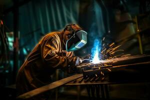 een arbeider terwijl aan het doen een lassen met boog lasser macht fabriek Bij fabriek ,generatief ai . foto