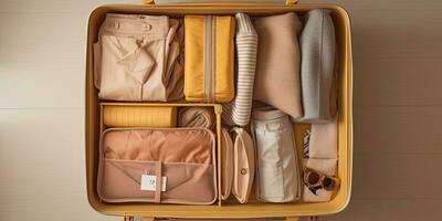inpakken koffer voor reizen vakantie in nieuw normaal, top visie , generatief ai foto