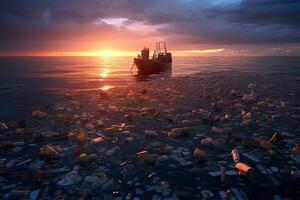 vuilnis van plastic flessen in de zee , zonsondergang ,generatief ai foto