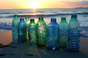 plastic water flessen oceaan zon licht. ,generatief ai foto