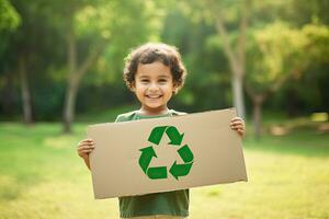 gelukkig glimlachen kind jongen Holding papier met groen recycling teken over- natuurlijk achtergrond. eco leven, milieu en duurzaamheid concept, generatief ai . foto