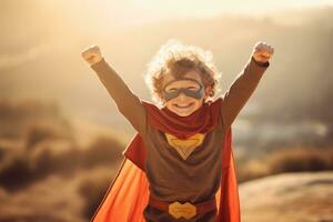 gelukkig kind spelen superheld Bij buitenshuis ,generatief ai. foto