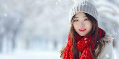 gelukkig jong Aziatisch vrouw in een rood sjaal in de sneeuw met ruimte voor copyspace ,generatief ai. foto
