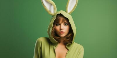 mooi jong vrouw in een konijn kostuum Aan een groen achtergrond met ruimte voor copyspace ,generatief ai. foto