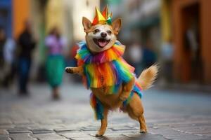 een grappig hond in een veelkleurig kostuum is dansen Bij de braziliaans carnaval ,generatief ai foto