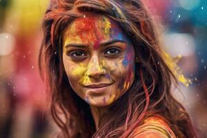 mooi vrouw Bij holi festival met kleurrijk verf Aan gezicht, generatief ai foto