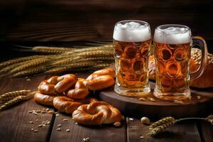 bier en gezouten pretzels Aan houten achtergrond gemaakt ,generatief ai foto