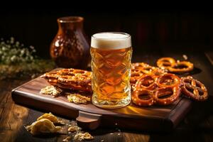 bier en gezouten pretzels Aan houten achtergrond gemaakt ,generatief ai foto