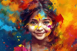 een kind meisje mooi gedekt ,viering van holi festival dag kleurrijk ,generatief ai foto